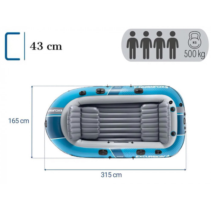 Intex 66324 Փչովի նավակ «Excursion 4» 315x165x43 սմ, ալյումինե թիեր 137 սմ, պոմպ, մինչև 500 կգ